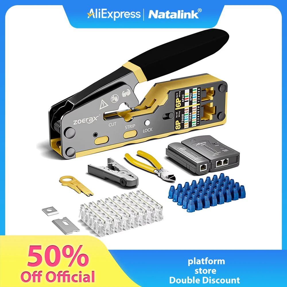 Natalink 8 in 1 RJ45 Crimp Tool Kit,Crimper tool,Cable Tester,Wire Cutter,Blades,50Pcs Cat 6 Connectors and Strain Relief Boots