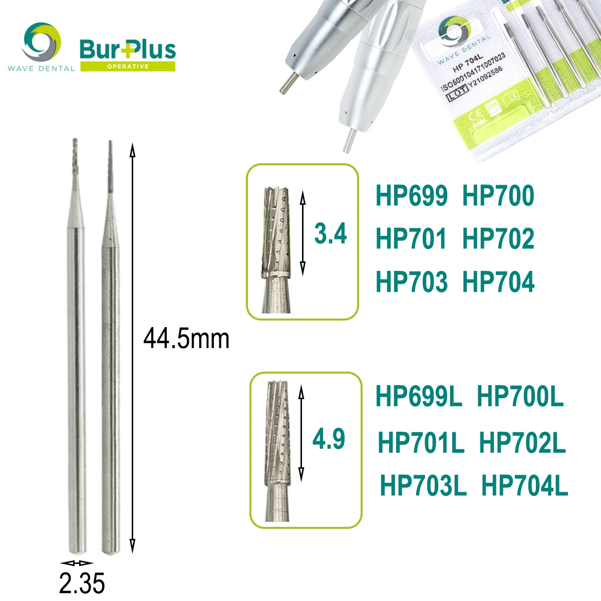 WAVE Dental Tungsten Carbide Burs Low Speed Bur Dental Drills Tapered Fissure Head Cross Cut HP For Straight Nose Cone Handpiece