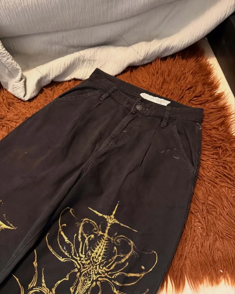 Y2K Harajuku ملابس الشارع الشهير بنطلون عتيق شارع العليا القوطية ريترو أسود واسع الساقين الهيب هوب الشرير جينز فضفاض غير رسمي للنساء