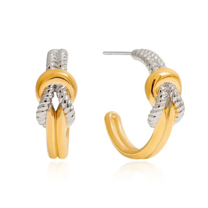 

Minar 2025 New Unique Design Contrast Color Metallic Knotted Double C Shaped Hoop Earrings for Women 18K Gold Titanium Steel