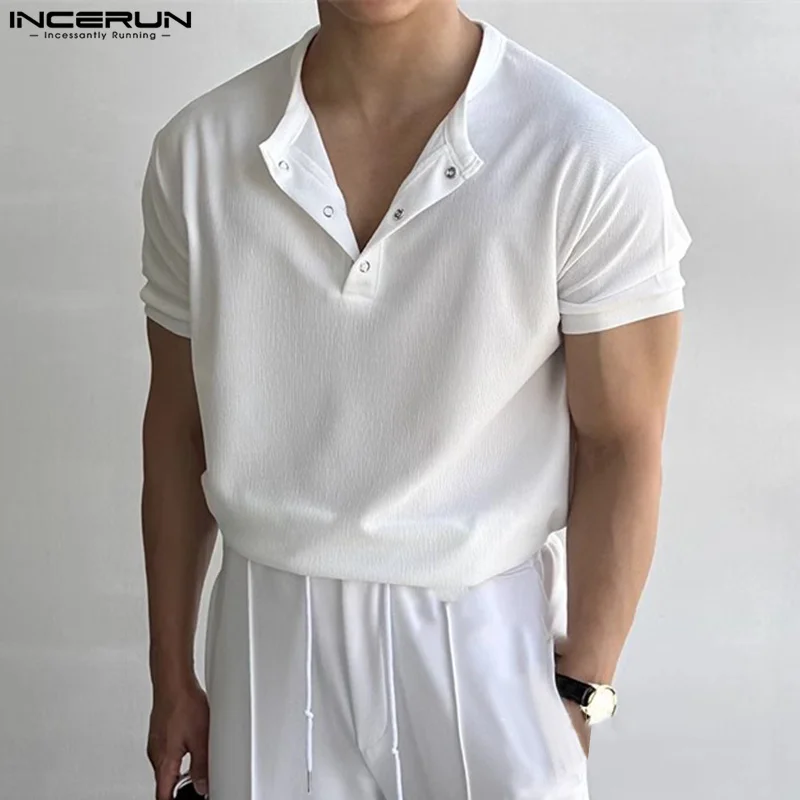 INCERUN Tops 2024 Korean Style Men's Pleated Texture T-shirts Casual Streetwear Male Solid Al-match Short Sleeved Camiseta S-5XL