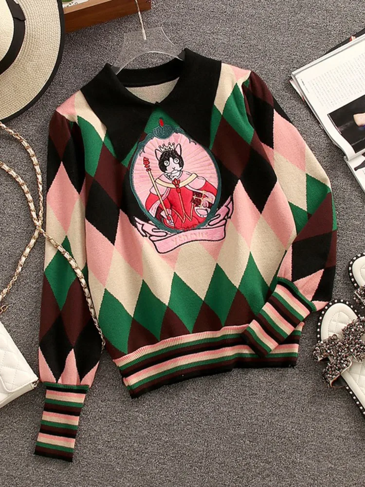 Autumn And Winter Fashion Cartoon Embroidery Knitted Sweater Korean Style Women Lapel Collar Long Sleeve Loose Casual Jumpers