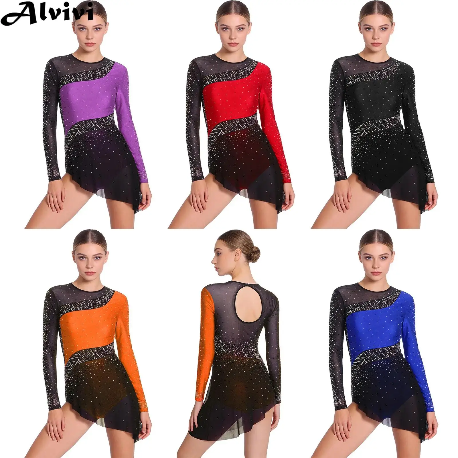 Women Figure Skating Dress Latin Dance Tango Cha-cha Rumba Samba Gymnastics Bodysuit Long Sleeve Sheer Mesh Rhinestone Leotard