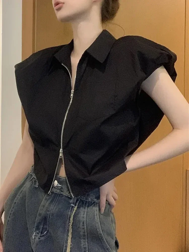 

Fashion Zipper Women Shirt Summer Sleeveless Black Vintage Causal Office Ladies Tops Designed Korean Camisas White Crop Tops