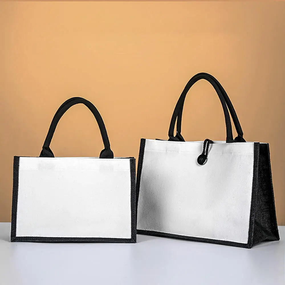 Black/White Jute Tote Bags Women Shopping Handbag Burlap Bag with Soft Handle Bridesmaid Wedding Party Favors Gift Organizer