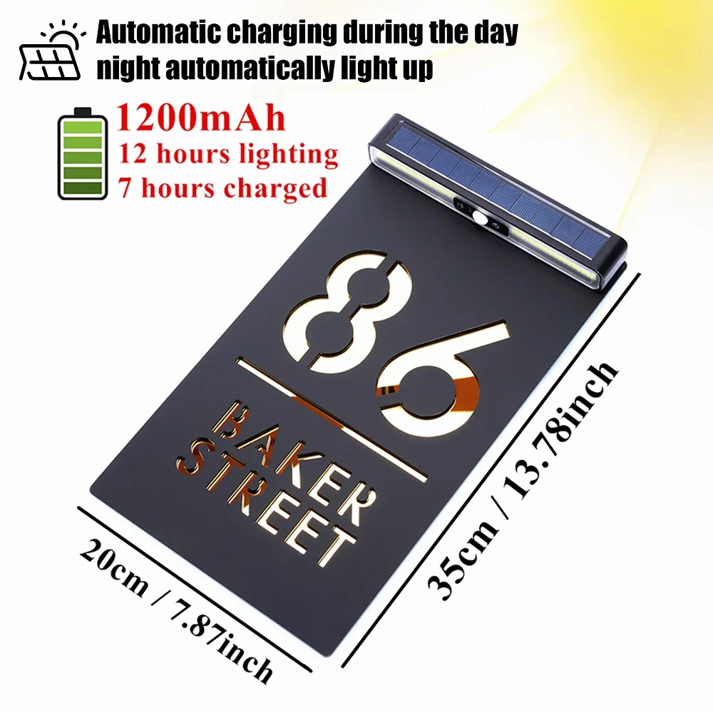 Customized Solar House Number Sign LED Outdoor Door Plate Acrylic Personalized Laser Cut Exterior Family Address Sign