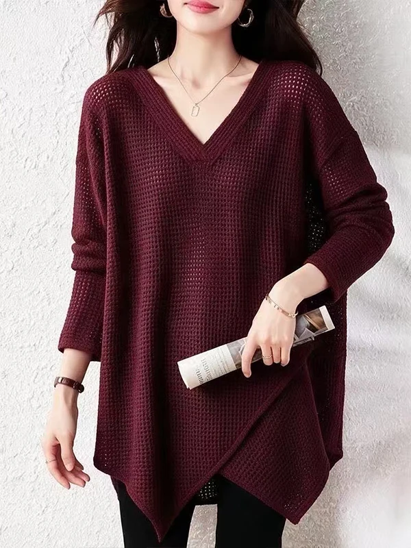 Stylish V-Neck Mid-Length Women's T-Shirt Loose Fit Polyester Fabric Long Sleeve Autumn Wear for plus Size Women Belly Cover