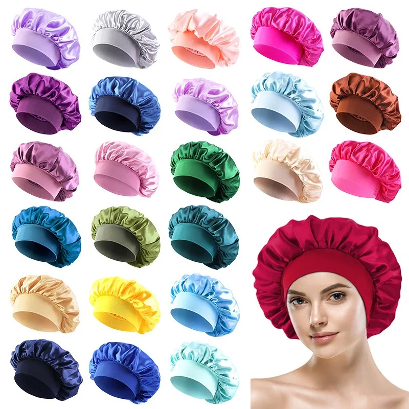 Wide Brim Satin Sleep Bonnet for Women Smooth Hair Care Cap Beauty Makeup Head Wrap Elastic Hair Cover Anti-frizz Night Headwear