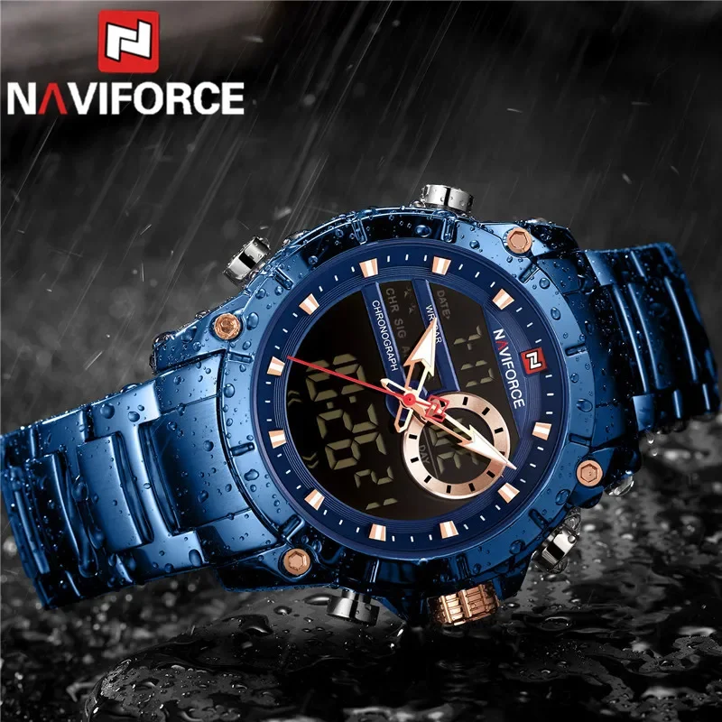 NAVIFORCE Top Brand Luxury Men Watch Waterproof Quartz Digital Led Male Clock Military Sport Stainless Steel Man Wristwatch 9163