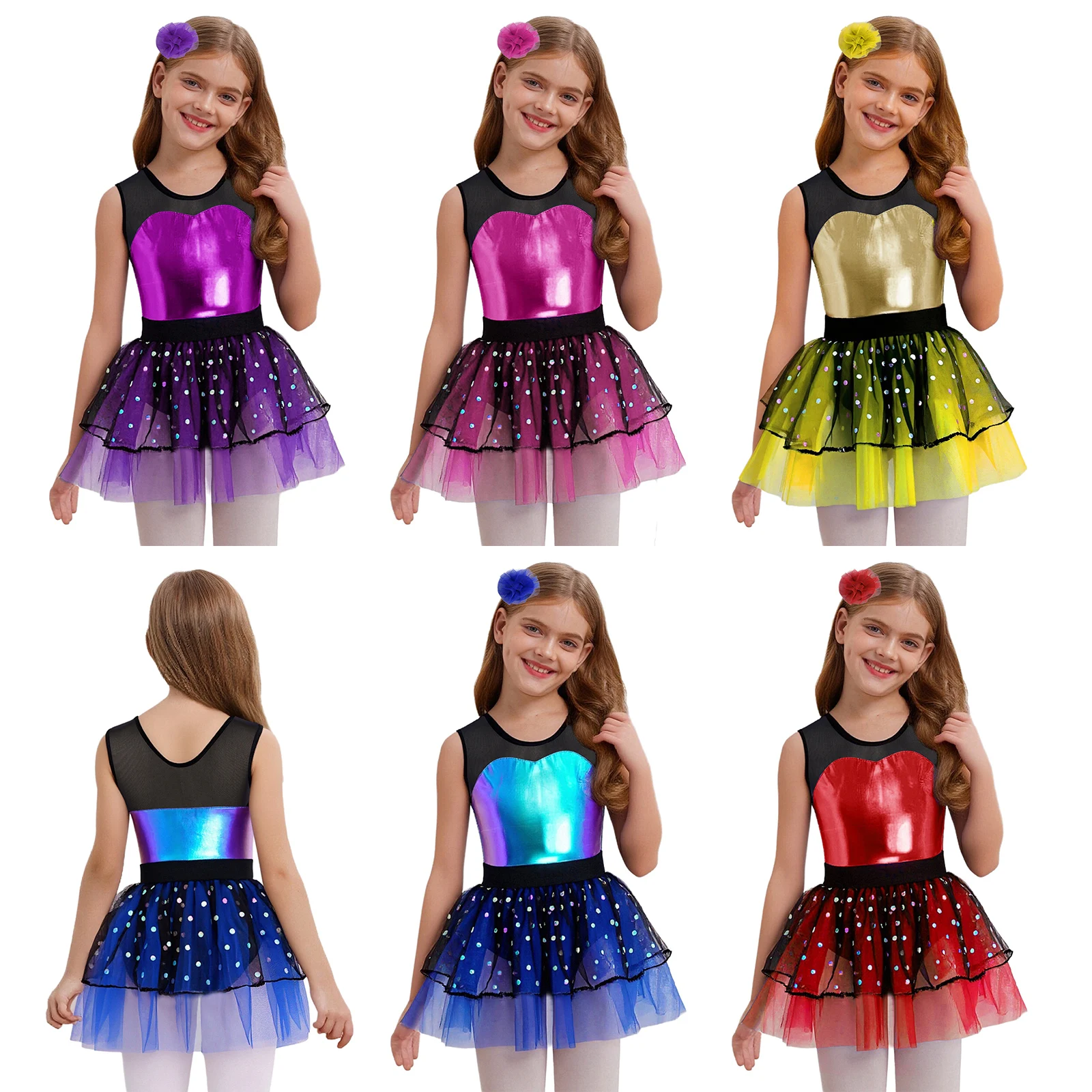 طفل فتاة الجمباز الباليه الرقص الشكل التزلج فستان مُصمم حسب الطلب بقماش شفاف معدني صد تول توتو فستان مع أغطية الرأس الزي #4