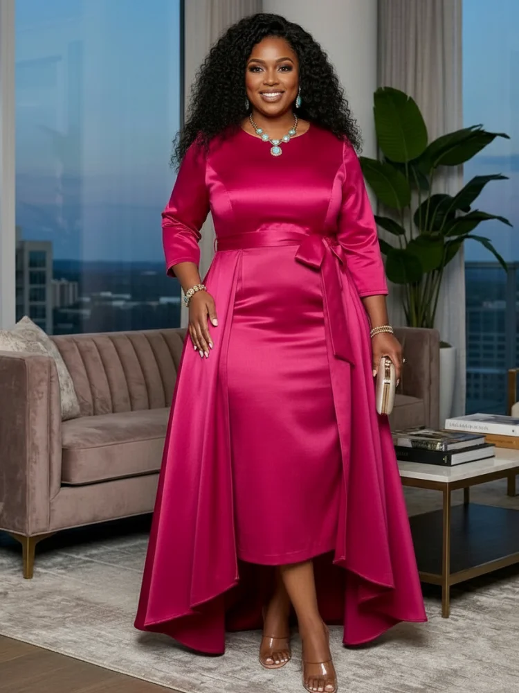 

Plus Size 3/4 Sleeve Satin Dress Waist Tie Asymmetric Hem Formal Occasion Outfit For Women New Arrival Apparel