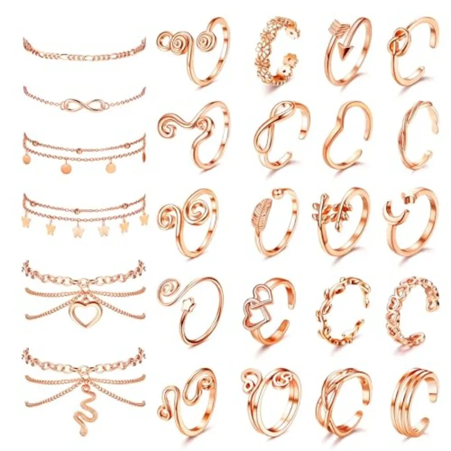 Toe Rings and Ankle Bracelets for Women Silver Rose Gold Plated Anklet Toe Rings Cute Layered Anklets Open Tail Rings Adjustabl