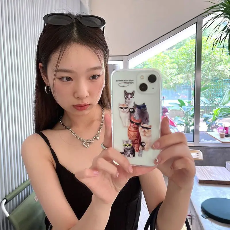 Casing Ponsel Kacamata Hitam Kucing Keren untuk IPhone 7 8 11 12 13 14 Pro Max X XS XR SE Cangkang Lunak Transparan Korea INS Lucu Punk Y2K