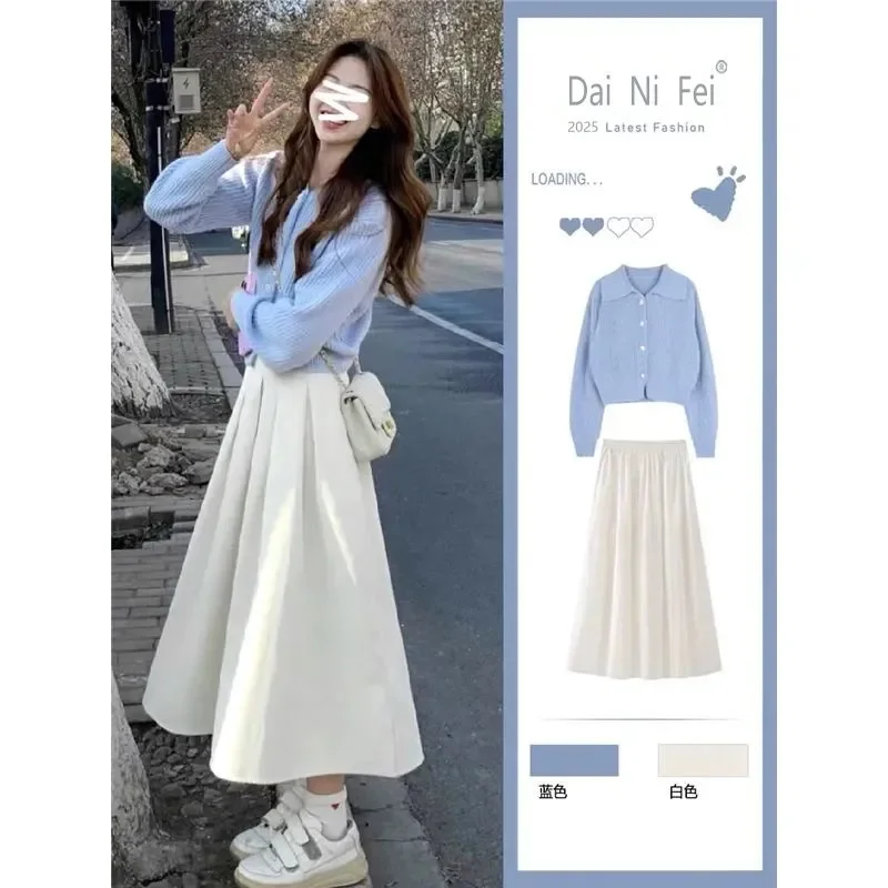 

Новый костюм, осенний свитер 2025, нежный костюм с юбкой в корейском стиле, комплект из двух предметов для женщин