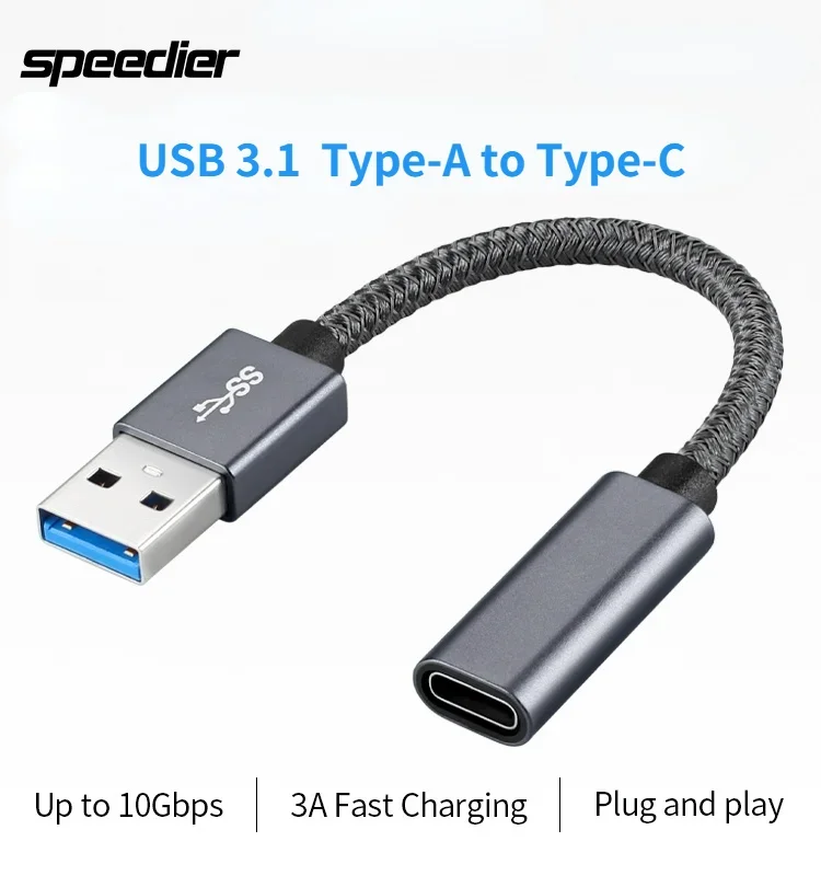 

USB 3.0 A Male To Type C Female Adapter Cable 10cm Black Braided Extension Cable 10Gbps