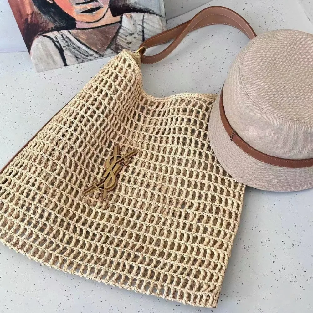 حقيبة قش ذات سعة كبيرة بتصميم جديد للنساء، حقيبة شاطئ عصرية ذات سعة كبيرة، حقيبة منسوجة مجوفة ومتعددة الاستخدامات