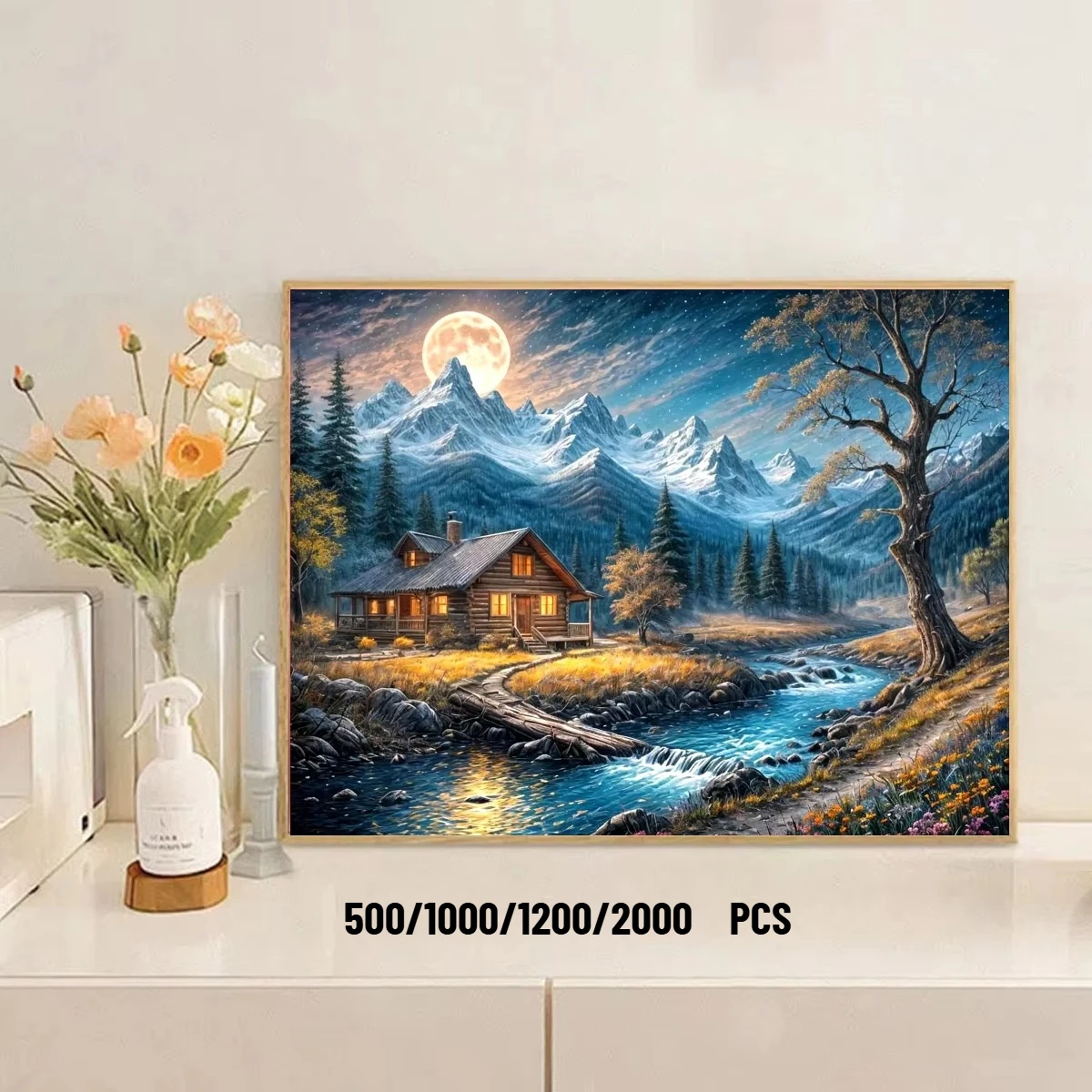 Moonlit Mountain Cabin 500/1000/1200/2000 PCS Jigsaw Puzzles Snowy Landscape River Decor No Frame Living Room