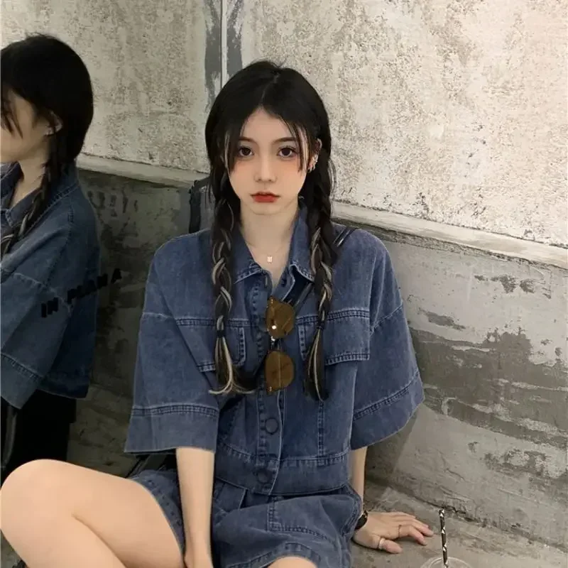 Vintage Matching Sets Turn Down Collar Three Quarter Sleeve Top High Waist Pockets Shorts Solid Color Summer Denim Two Piece Set