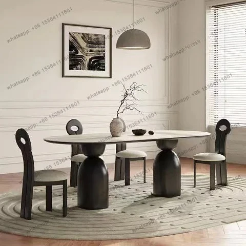 Simple solid wood dining table oval household small apartment French modern simple light luxury matte rock slab dining table