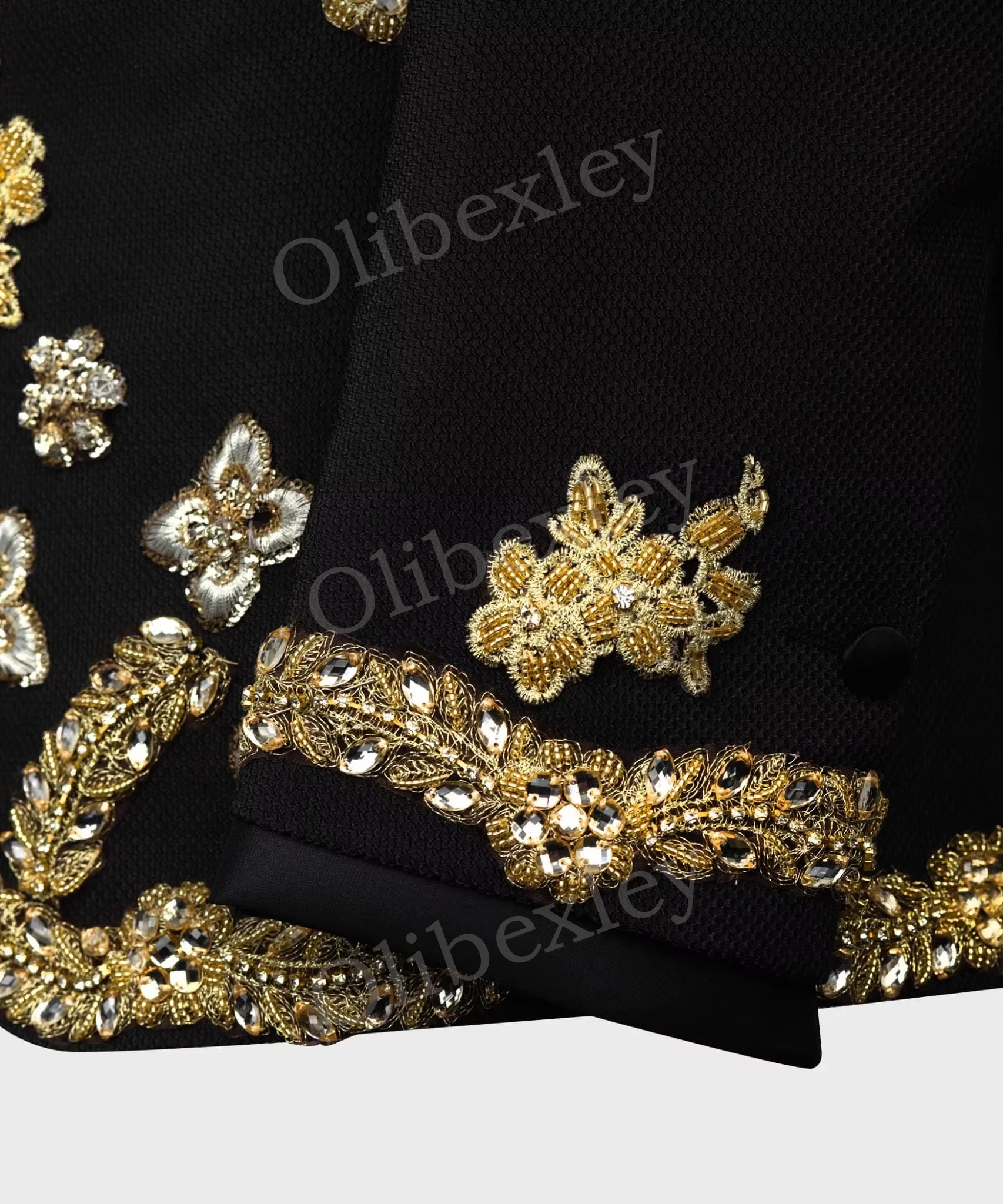 Olibexley Men's Suits Black 2 Pieces Trends Costumes Floral Sequined One Button Slim Fit Tuxedos Wedding Groom Business Prom