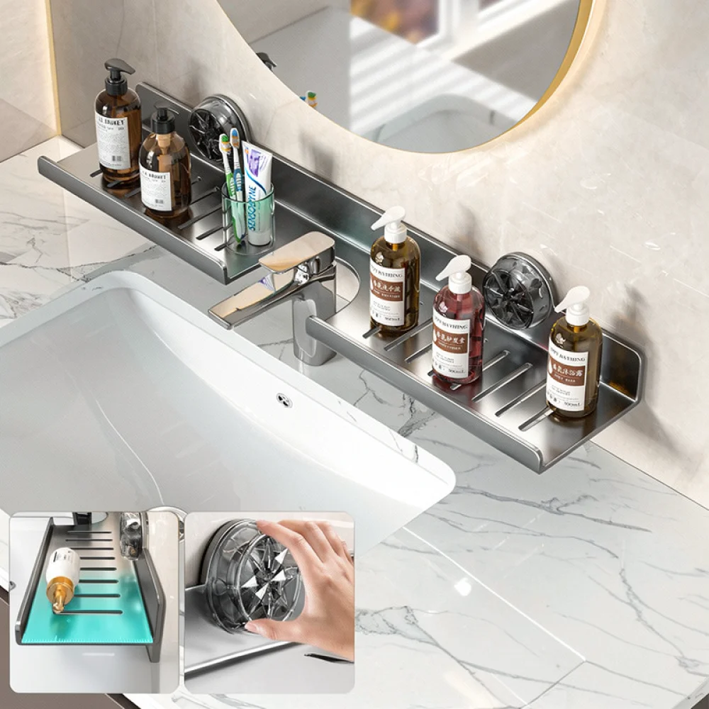 Modern Bathroom Organizer Rack Carbon Steel Wall Mounted Punch Free Storage Shelf For Sink Countertop Shower Tidy Tray