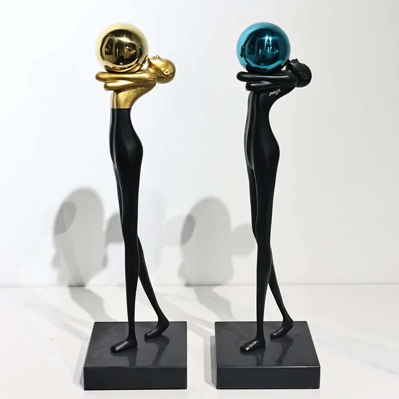 Metal Figure Art Sculpture Balloon Man Metal Figurine Female Statue Ball Sphere Golden Man Home Decoration Accessories