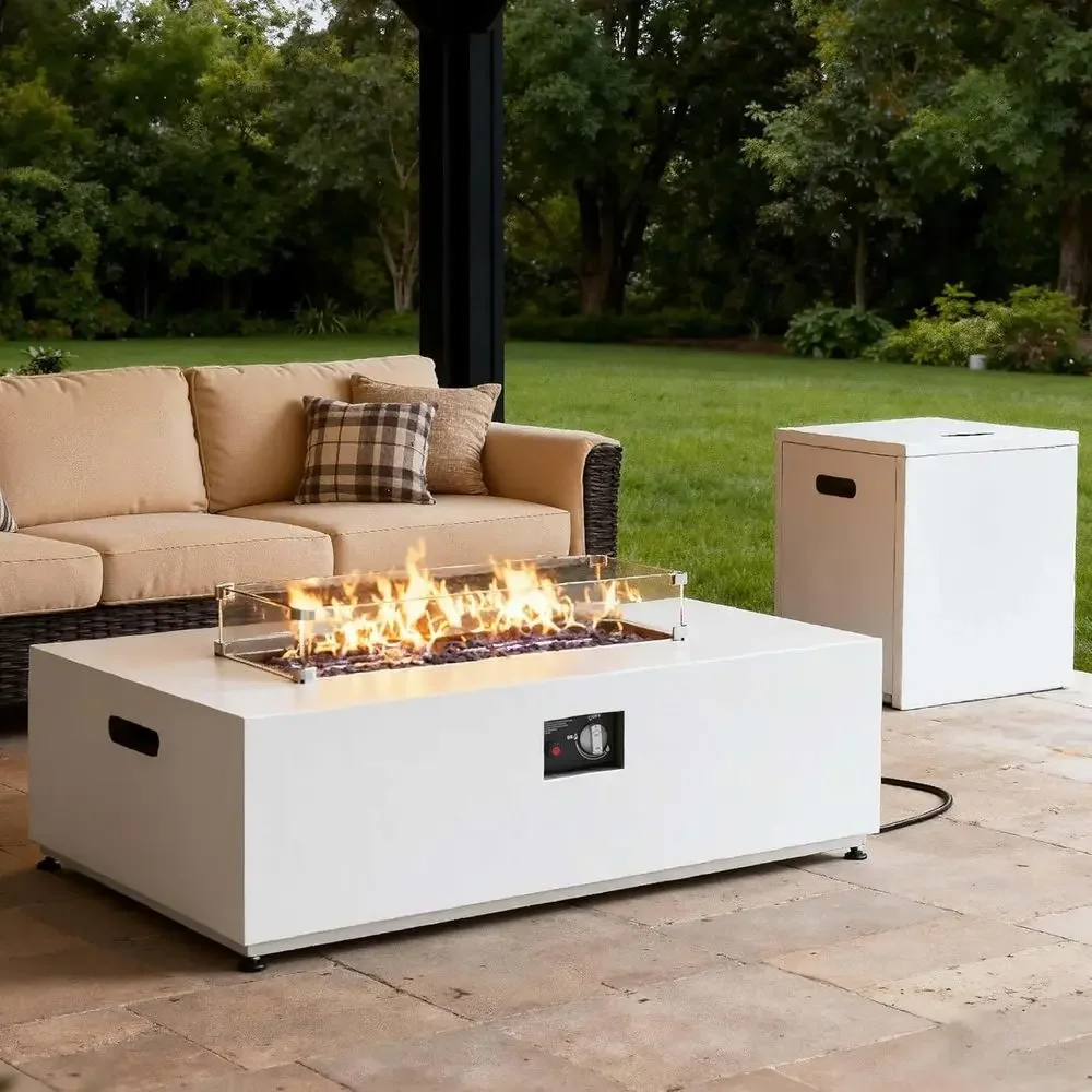 42-Inch Outdoor Propane Fire Pit Table with Wind Guard, Lid, Stones, and Cover