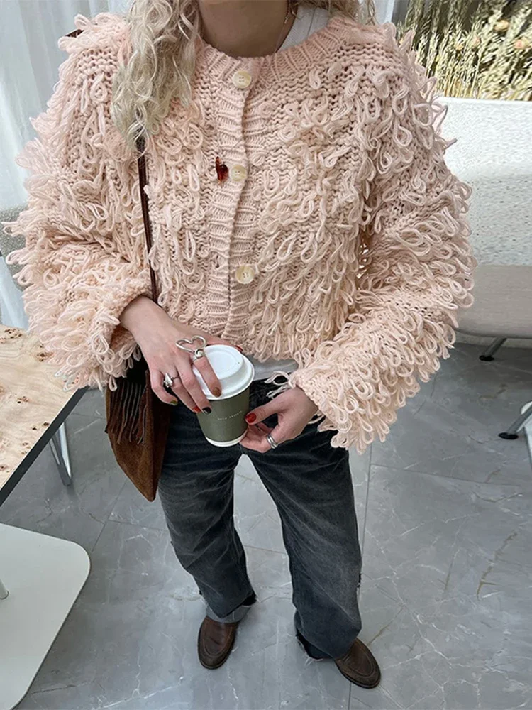 

Solid Tassel Single Breasted Cardigan Women's Elegant Round Collar Full Sleeve Loose Short Sweater Autumn Vacation Street Outfit