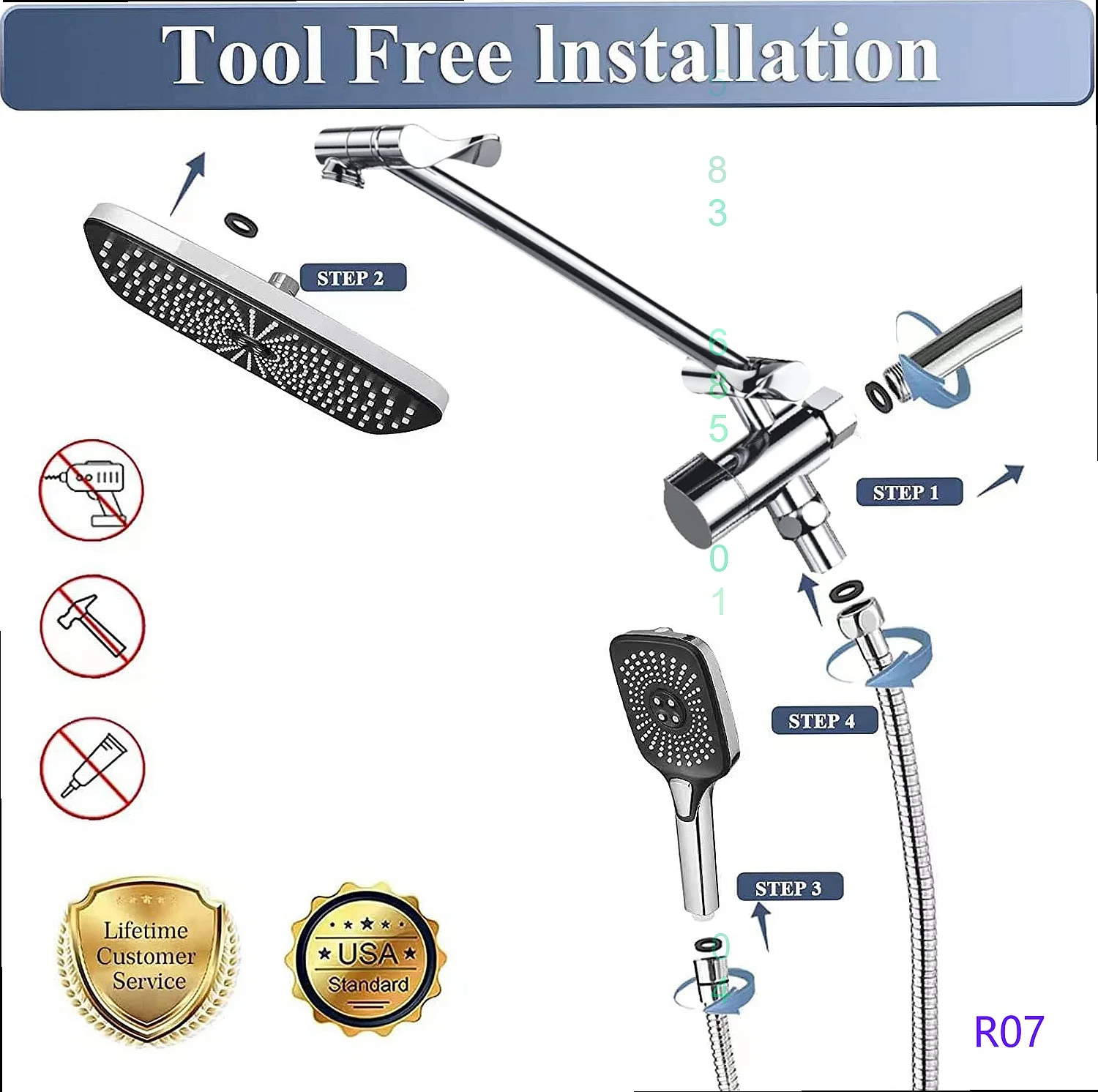 12 inch Square Rainfall Shower Set 3 Function Handheld Sprayer with Gun
