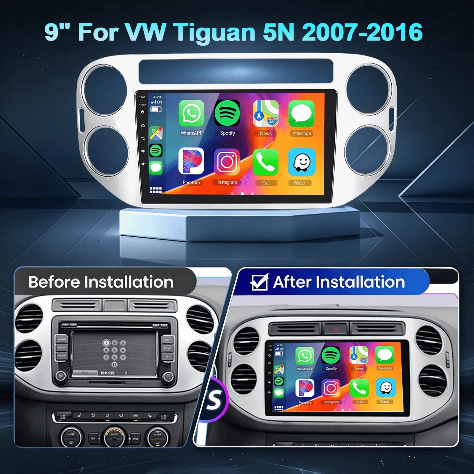 ESSGOO 9" Android 15 2+32G/4+64G Carplay sans fil Android Auto pour VW Tiguan 5N 2007-16 Golf Plus 2004-2013 Autoradio GPS Navigation Bluetooth FM SWC Wifi ASP RDS Mirror Link Écran tactile IPS Lecteur multimédia vidéo