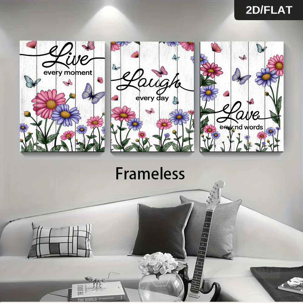 Multiple sizes 3pcs frameless Canvas Painting three frameless decorative paintings with a wooden background and floral and butte