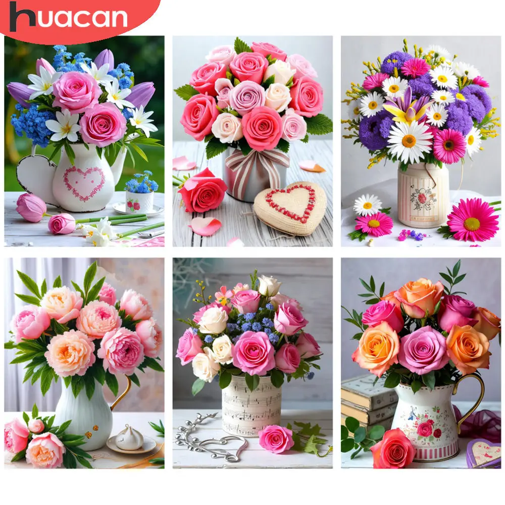 HUACAN Komplette Kits, Diamantmalerei, lebendiges Blumenarrangement, er Teekanne, reichhaltige Töne, Blumen, 5D-Diamant-Sticksets, DIY-Kunst