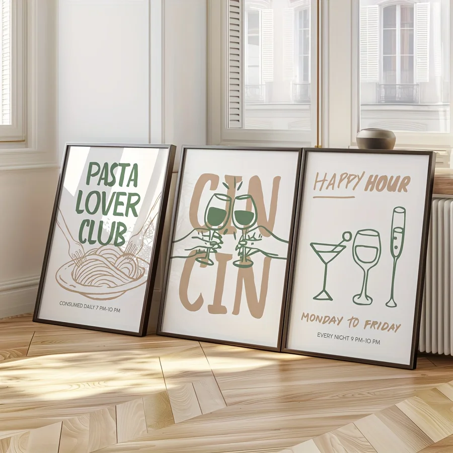 3pcs/set Cin Cin Cheers Pasta Food Canvas Print Sage Green Beige Kitchen Wall Art Posters for Modern Living Room Home Decor Gift