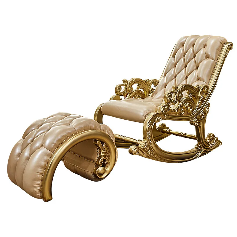 

European-style rocking chair, American-style villa bedroom solid wood first layer leather rocking chair reclining chair balcony