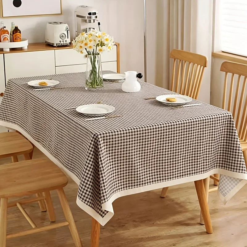 American country style beige checkered tablecloth for rectangular coffee table and dining room tabletop decorative cover