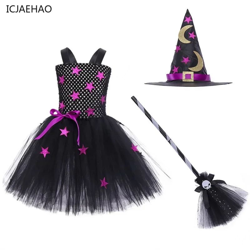 2025 Children Party Witch Dress New Purple Girls Costumes Fashion Sleeveless Star Tutu Clothes Kids Birthday Dresses Vestidos