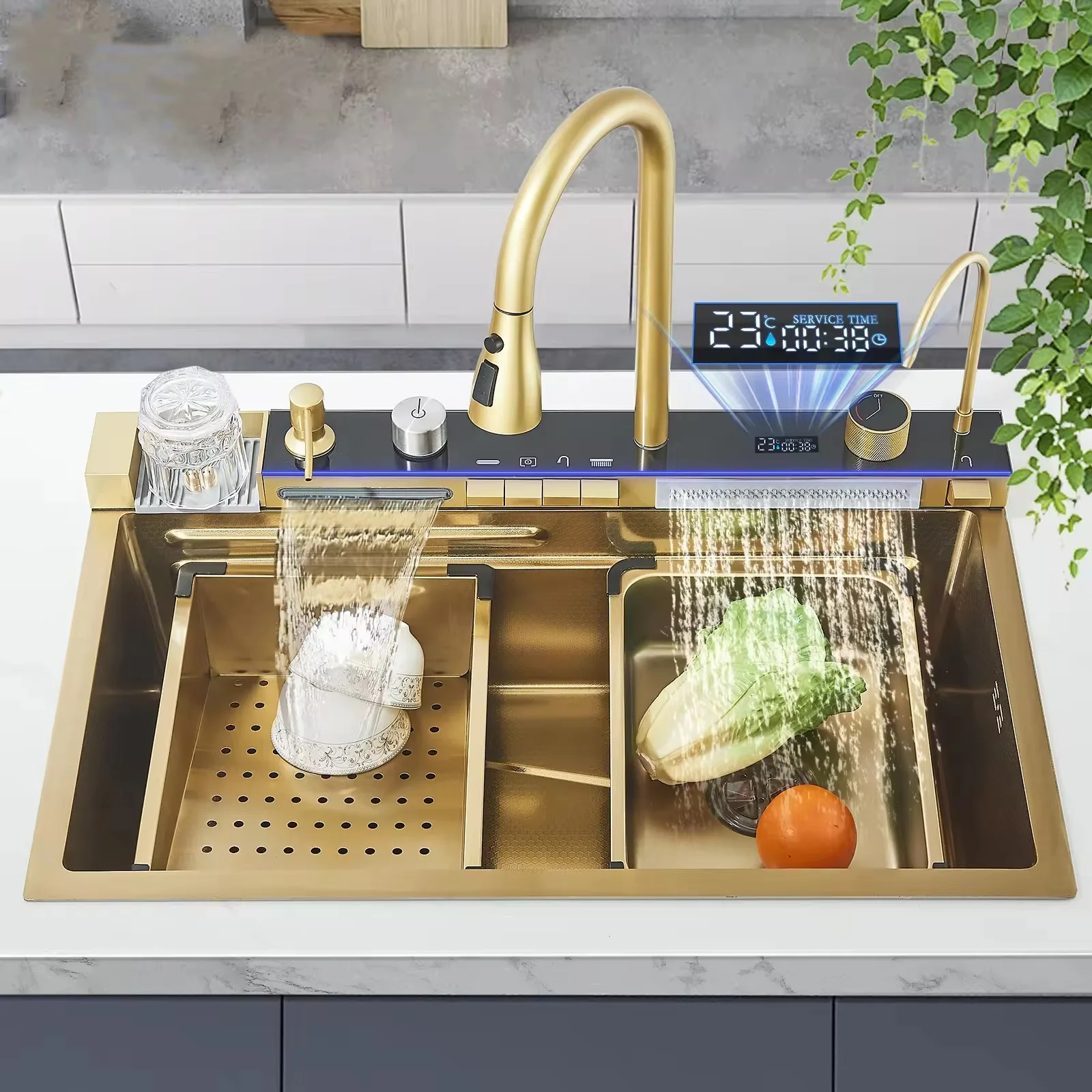 モダンなステンレス製キッチンシンク、蛇口付き、ナノ研磨仕上げの長方形シングルボウル、ウォーターフォールデザイン