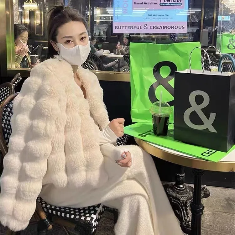 Fashionable Short Rabbit Fur Coat Women's Winter New Style Waterproof Mink Velvet Large Coat Korean Version Loose Fit Long Sl...