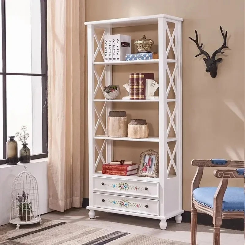 Country Retro Painted Bookcase Bookshelf Mediterranean Single Bookcase Vintage High Display Cabinet Partition