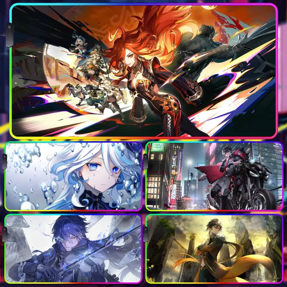 

New Genshin Impact Mouse Pad Gamer Luminescence Led Mouse Pad Gaming Table Rgb Deskmat Keyboard Pc Mousepad