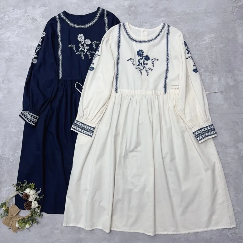 Johnature Embroidered Floral Cotton-linen Drawstring Dress Autumn New Casual Mori Long-sleeve Vintage Women Dresses