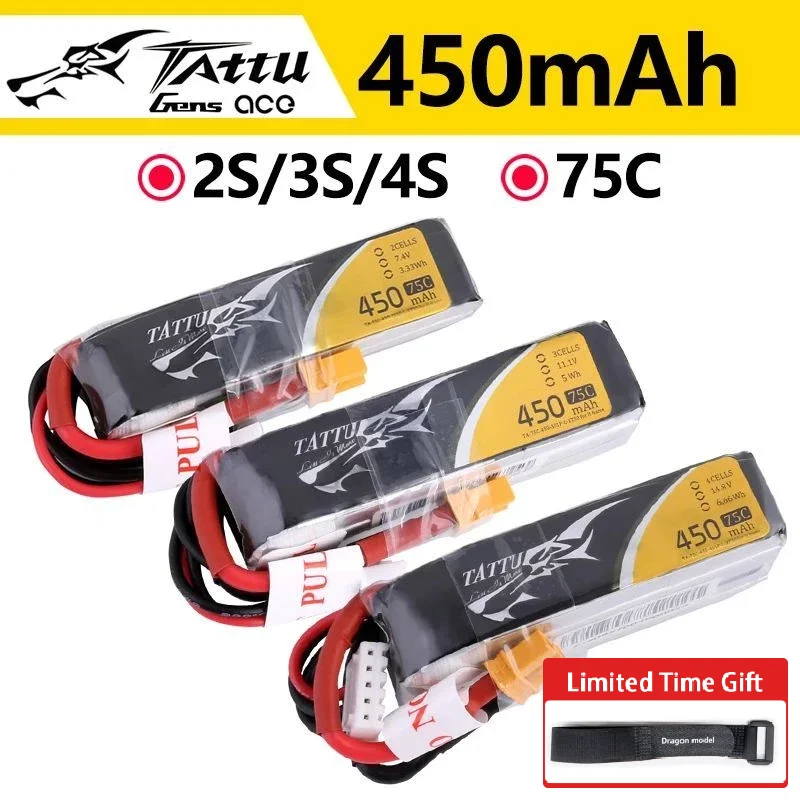 ACE Tattu LiPo Rechargeable Battery 2S 3S 4S 450mAh 75C 1P for RC FPV Racing Drone Quadcopter