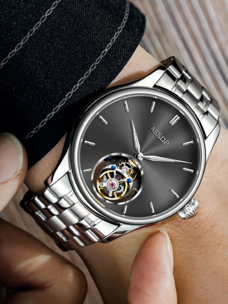 AESOP 클래식 바 네일 심플 남성용 뚜르비옹 기계식 시계 스테인레스 스틸 방수 자동 기계식 시계 선물