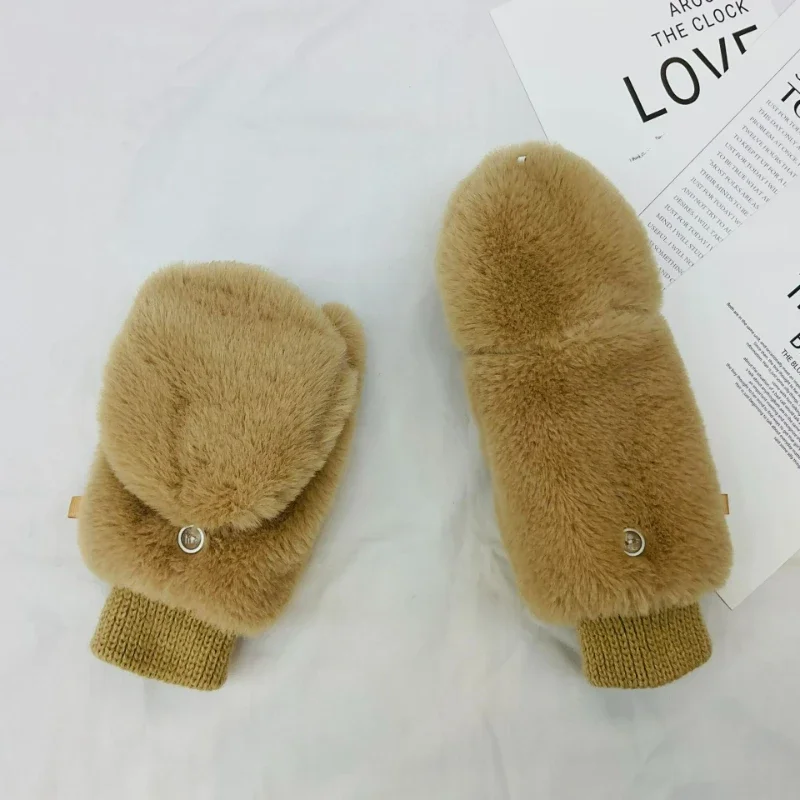 Cute Faux Rabbit Fur Fingerless Gloves Japanese Style Winter Cycling Windproof Cold Proof Neck Hanging Warm Gloves