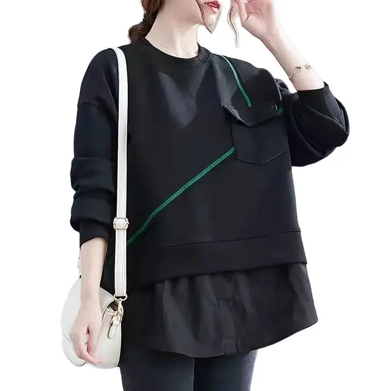 

New 2022 Women's Fake Two Pieces Hoodie Spring Autumn Cover Big Abdomen Loose Splicing Female Tops Leisure Bottoming Shirt