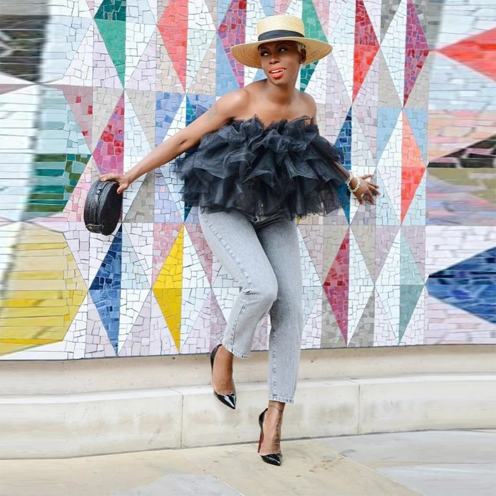 

Black Ruffles Tulle Top For Women Sexy Strapless Little Puffy Top Girl Fashion Formal Wear Custom Color And Size Blouse