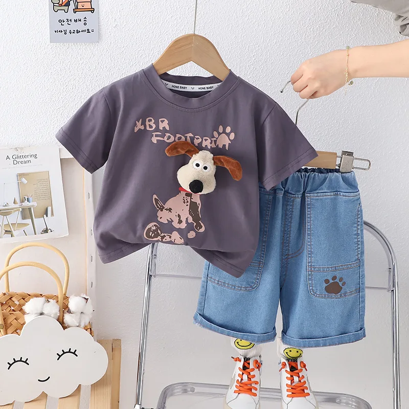

Baby Boy Summer Clothes 2025 Kids Cute Casual Cartoon Printed Short Sleeve T-shirts and Denim Shorts 2 Piece Set Boys Outfits