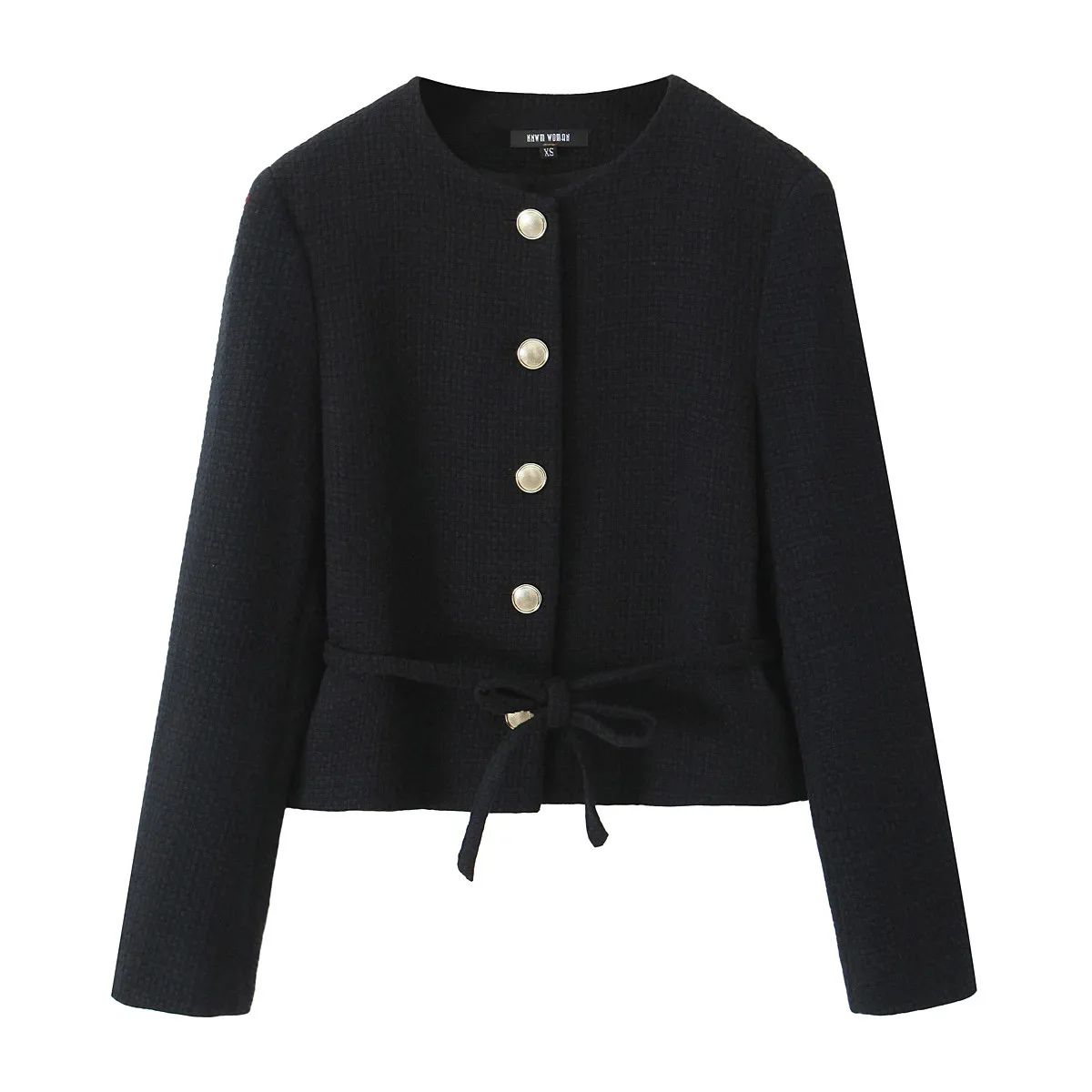 

Women's 2024 new fashion lace up decoration casual O Neck texture suit coat retro long sleeved button up women's jacket chic top