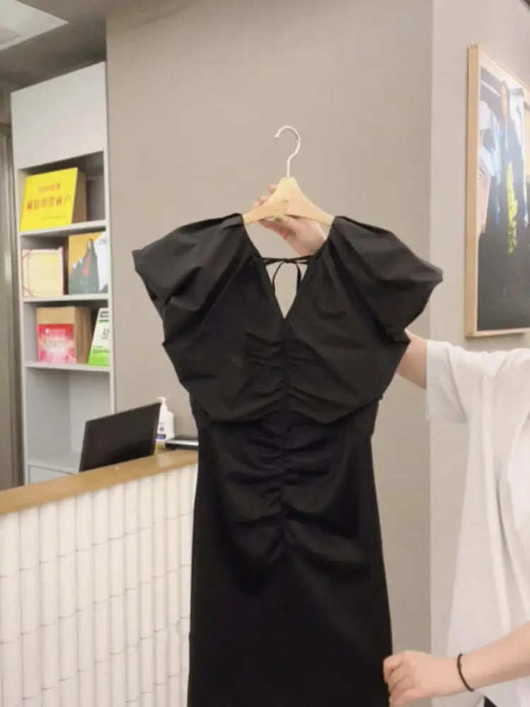 

Summer New Black Puffy Sleeve Drawstring Slimming Sweet And Spicy Style Forest System Bubble Dress Luxury Sensation Women's D...