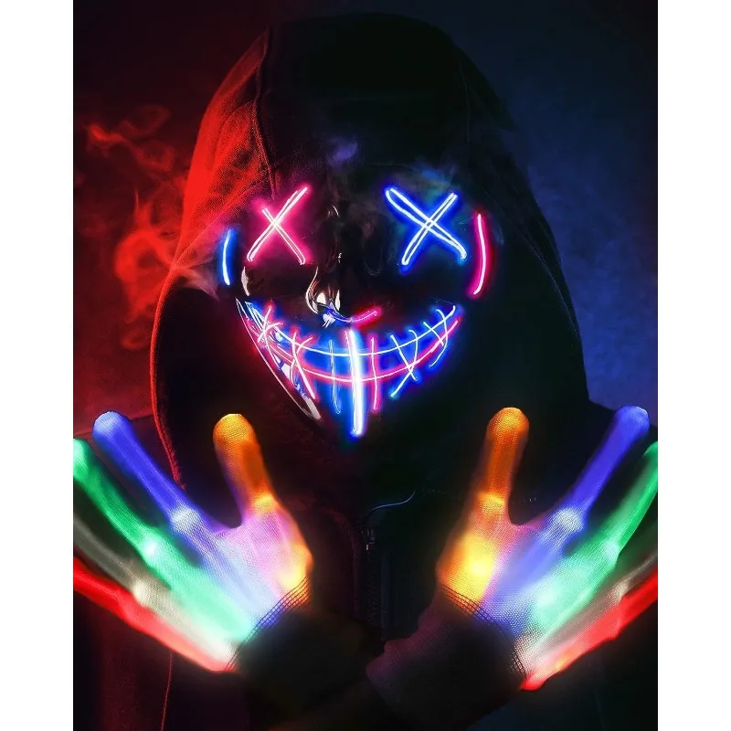 Halloween Carnival Mask Skeleton Gloves Costumes Purge Mask Light Up Glow Gloves Scary Halloween Costumes for Adults Kids